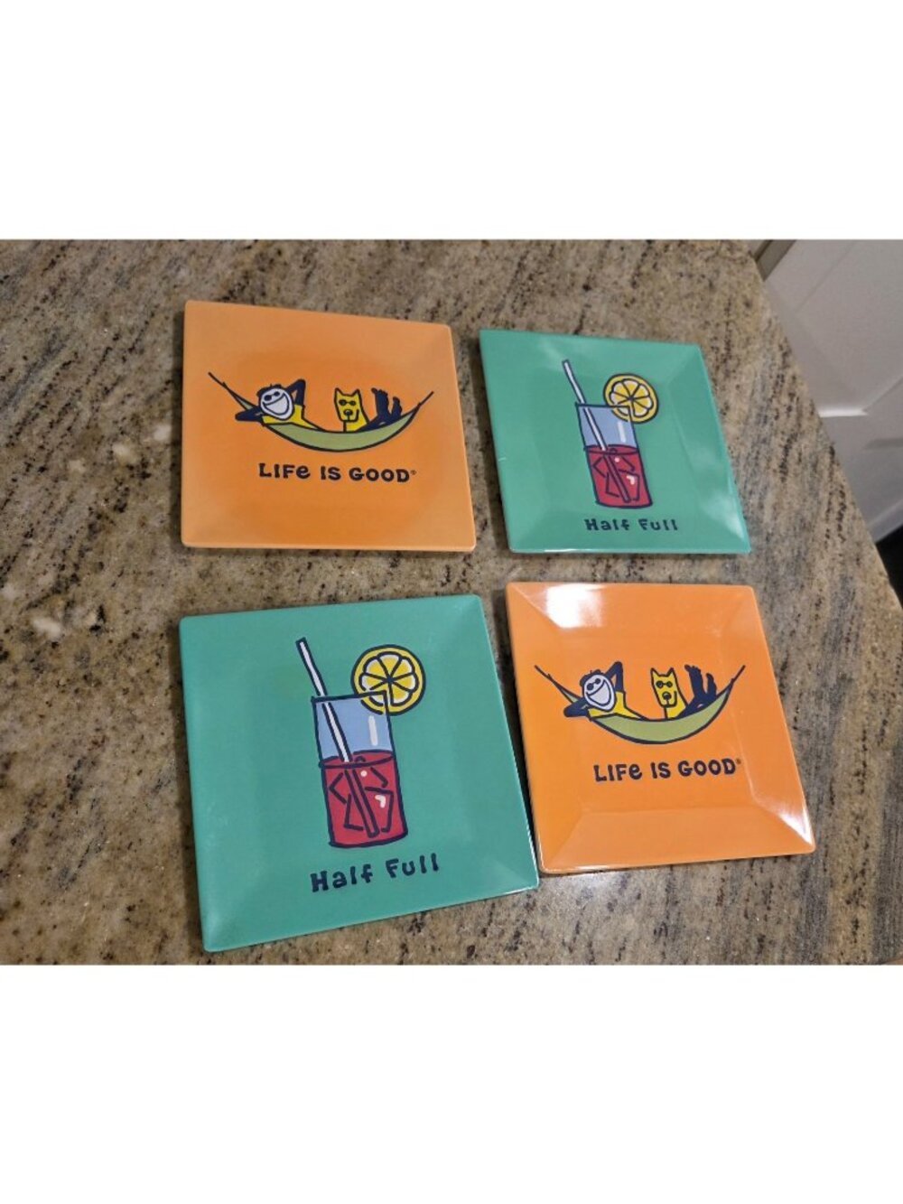 Life Is Good "Half Full" Appetizer/Dessert Plates. Set Of 4 Melamine Hammock Dog